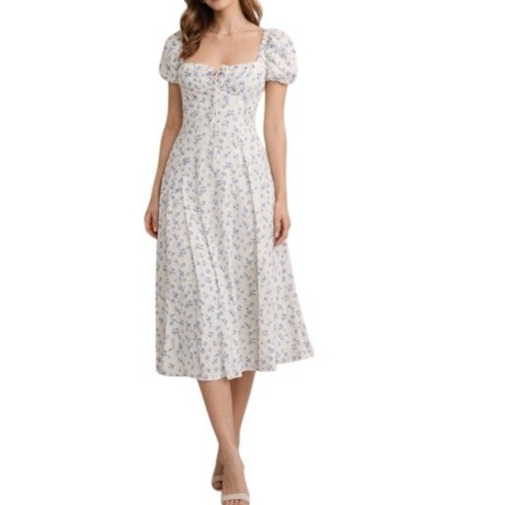 O.P.T. Anthropologie Milkmaid Midi Dress S White Blue Ditsy Floral Cottagecore